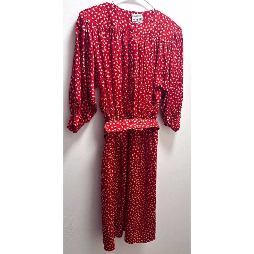 100% Silk Vintage Maggie London Red & Beige Floral Belted Dress Size 6